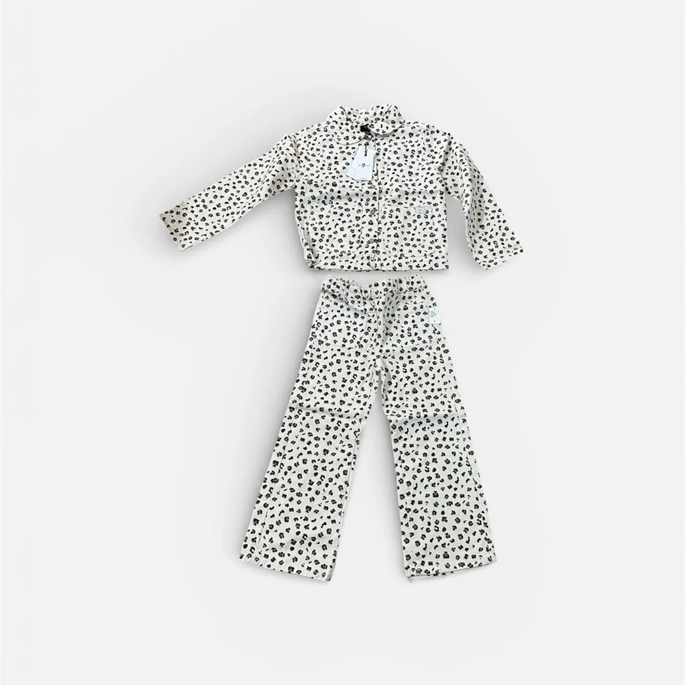 7 For All Mankind Kids Taupe Cheetah Denim 2 Piece Long Sleeve/Pant Set Sz 6 NWT